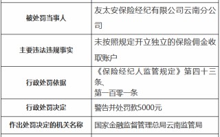 友太安保险经纪云南分公司被罚：未按照规定开立独立的保险佣金收取账户